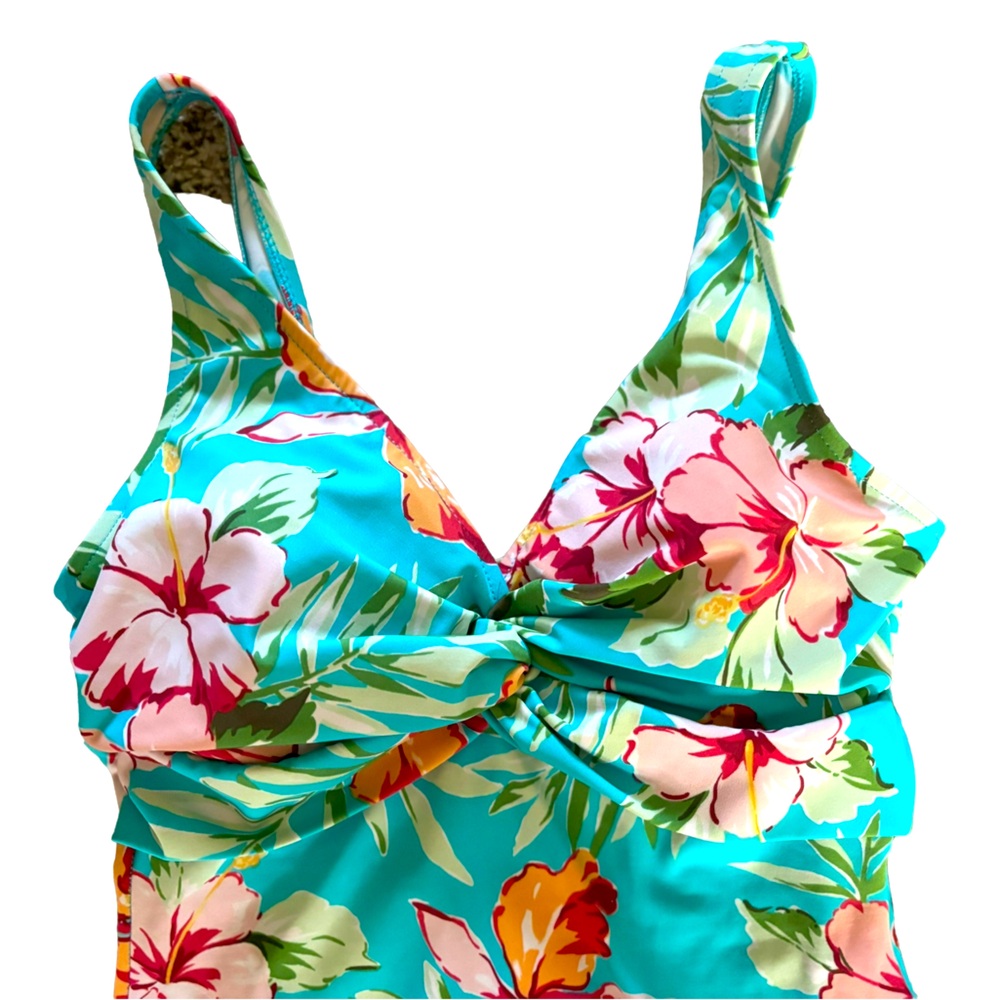 Islander Tropical Hawaiian Floral Aqua Blue One Piece Swimsuit Women’s Size 8